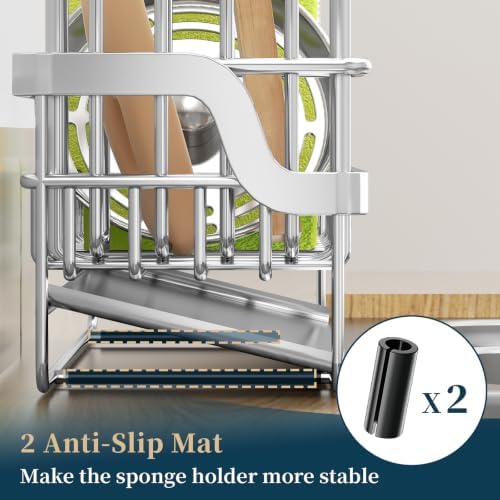 Consumest Sponge Holder for Kitchen Sink - Sink Caddy with Stainless Steel Self Drain Tray, Sink Organizer with High Brush Holder Countertop for Kitchen Sink Accessories, Silver-Extra Large