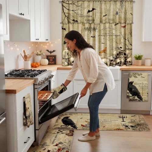 13 Pcs Vintage Gothic Halloween Kitchen Decor Set, Kitchen Rugs Curtain Set