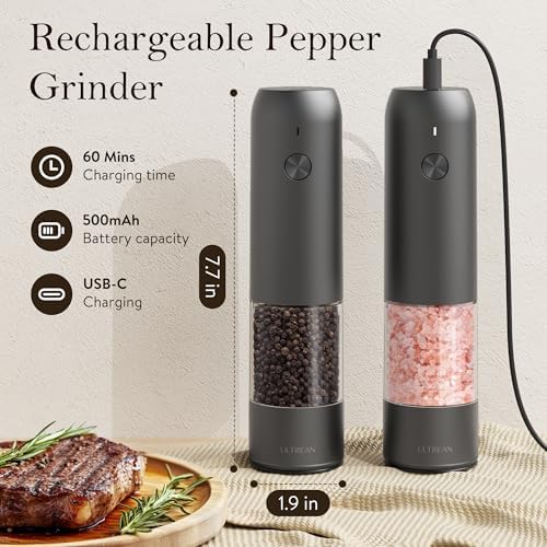 Ultrean Electric Salt and Pepper Grinder Set, Rechargeable,Gray