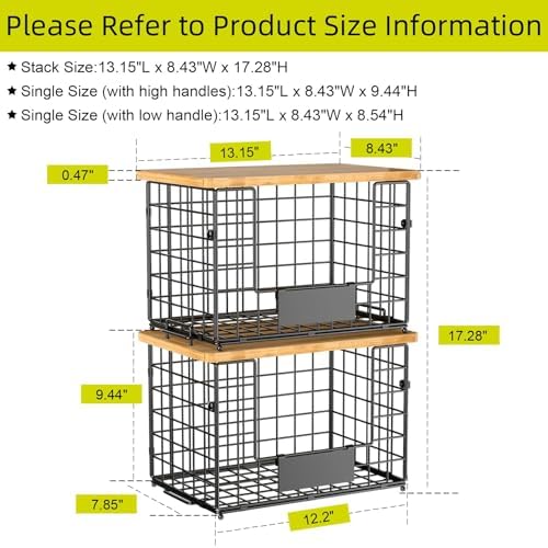 2-Pack Stackable Wire Baskets with 2 Pads & Bamboo Top, Pantry Organizer