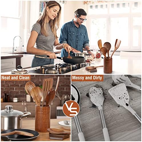 Mooues Wooden Kitchen Utensil Set, 15 Piece Natural Teak with Spoon Rest