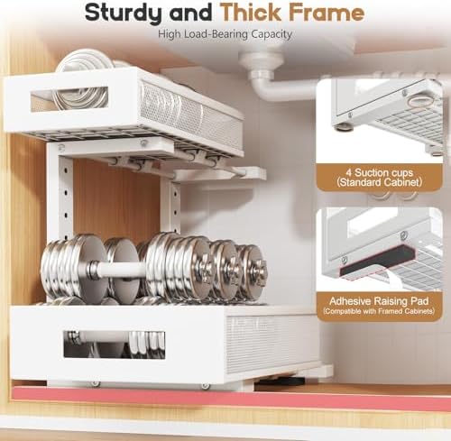 2-Pack Under Sink Storage Organizer, Large 2-Tier Elegant Mesh Pull Out Shelf for Kitchen and Bathroom Cabinet Organization, L-Shaped and Adjustable Height Design for Maximum Space Efficiency-White