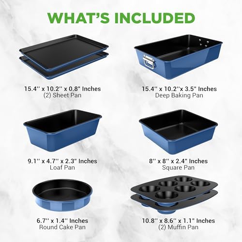 NutriChef 8-Piece Nonstick Stackable Bakeware Set - PFOA, PFOS, PTFE Free Baking Tray Set w/Non-Stick Coating, 450°F Oven Safe, Round Cake, Loaf, Muffin, Wide/Square Pans, Cookie Sheet (Blue)