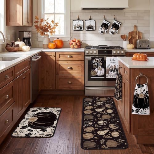 Fanfanwin 10 Pcs Fall Pumpkin Kitchen Decor Set Kitchen Towels Pot Holders Oven Mitts and Rugs Set Thanksgiving Towels for Baking Cooking BBQ Autumn Home(Black Pumpkin,Black, White, Brown,10)