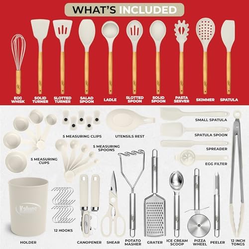 Kaluns 50 PCS Silicone Kitchen Utensils Set Complete Kitchen Set - 800°F Heat Resistant Non-Stick Premium Silicone Cooking Utensils W Wooden Handles - Can Opener, Masher, Turner, Silicone Spatula Set