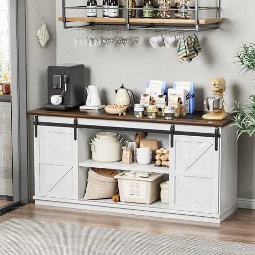 Shahoo Farmhouse Sideboard Buffet Cabinet, Coffee Bar Storage with Sliding Barn Doors, Shelf for Home Dining Room, White