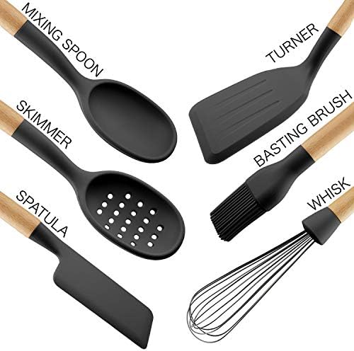 Country Kitchen Non Stick Silicone Utensil Set with Rounded Wood Handles for Cooking and Baking, 6 Piece Set, Black