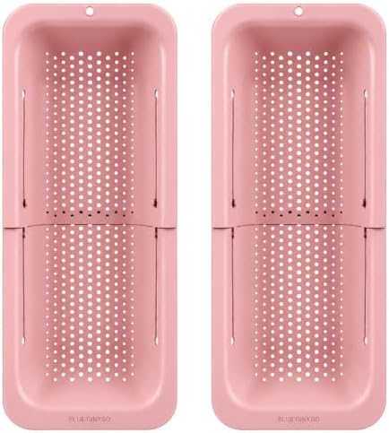 Blue Ginkgo Over Sink Colander, Extendable Kitchen Strainer, 2-Pack, Pink