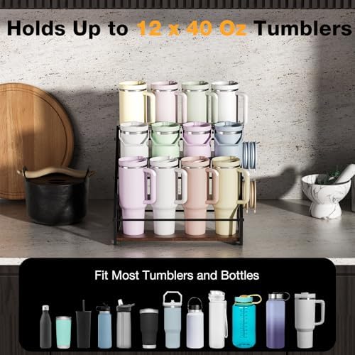 3-Tier Stanley Cup Rack with Lid Organizer, for 12 Tumblers, Natural Wood