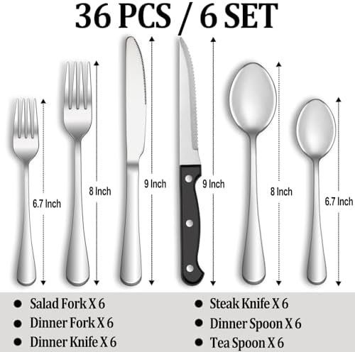 36 Pcs Silverware Set with Steak Knives for 6, Stainless Steel Flatware Set, Mirror Polished Cutlery Utensil Sets, Home Kitchen Eating Tableware Sets, Dishwasher Safe