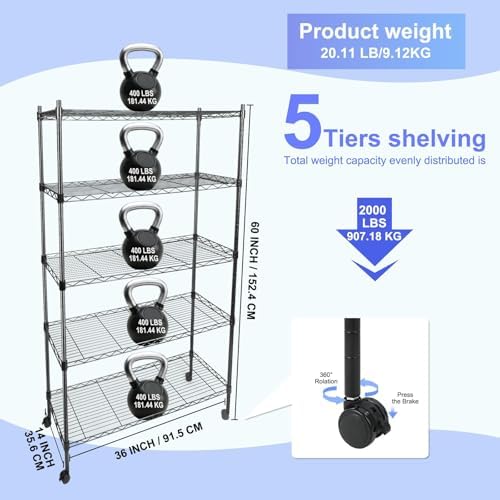 Whitmor 5 Tier Metal Storage Shelves, Heavy Duty with 4 Wheels & Adjustable Feet, 400 lbs Capacity per Shelf, Max 2000 lbs Total for Home, Garage, Workshop, 36" L x 14" W x 60" H, Black