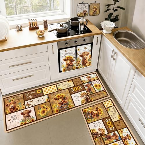 Highland Cow Kitchen Decor Set, 10 Pcs Highland Cattle Sunflower Farmhouse Kitchen Rugs, Dish Towels, Pot Holders & Oven Mitts, Heat Resistant Cooking Baking Accessories for Home Gifts