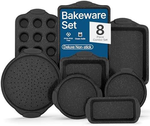 BAKKEN 8-Piece Kitchen Oven Baking Pans Set - Deluxe Nonstick Gray Marble Coating, Professional Grade Carbon Steel Bakeware with Silicone Handles - Oven, Dishwasher, and Freezer Safe