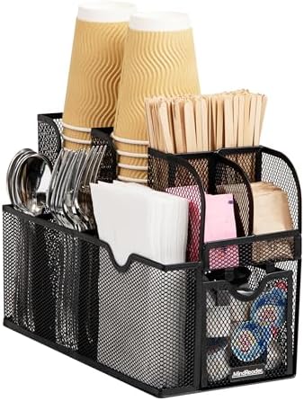 Mind Reader Countertop Organizer, Office Breakroom or Desktop Storage, 10-Compartment Caddy, Metal Mesh, Black
