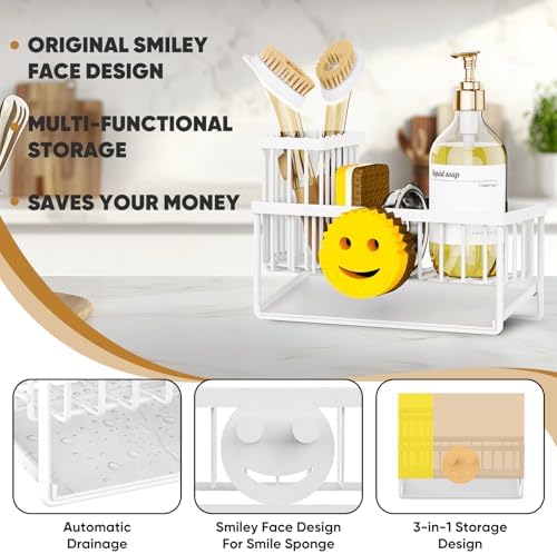 Sponge Holder for Kitchen Sink,Smiley Face Sink Caddy with Removable Brush Holder,Self-Draining Sponge Caddy for Sponge,Soap,Dish Brush,Scrubber,Kitchen Essentials and Gadgets-White