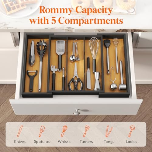 Lifewit Bamboo Utensil Organizer for Kitchen Drawer, Cooking Utensil Tray