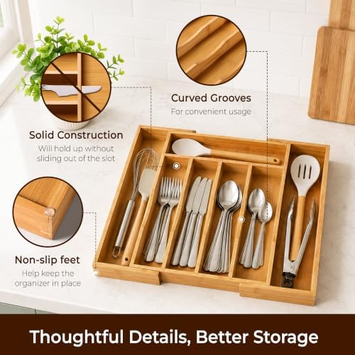 Expandable Bamboo Kitchen Drawer Organizer for Cutlery and Utensils, Adjustable Bamboo Wood Cutlery Tray in Drawer for Flatware and Silverware in Kitchen, (Natural)