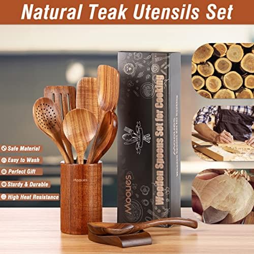 Mooues Wooden Kitchen Utensil Set, 9 Piece Natural Teak with Spoon Rest