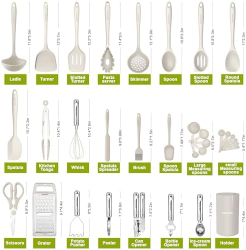 Kitchen Utensils Set - 446°F Heat Resistant Silicone Cooking Utensils Set-Kitchen Tools and Gadgets for Cooking Nonstick Cookware with Tongs,Turner,Spatula,Spoon,Brush,Peeler,Grater,Scissors (Khaki)