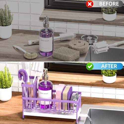 Cisily Sponge Holder for Kitchen Sink, Sink Caddy Organizer with High Brush Holder, Kitchen Countertop Organizers and Storage Essentials (Purple, 9.25″)