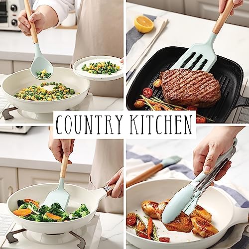 Country Kitchen Non Stick Silicone Utensil Set with Rounded Wood Handles for Cooking and Baking, 14 Piece Set, Mint