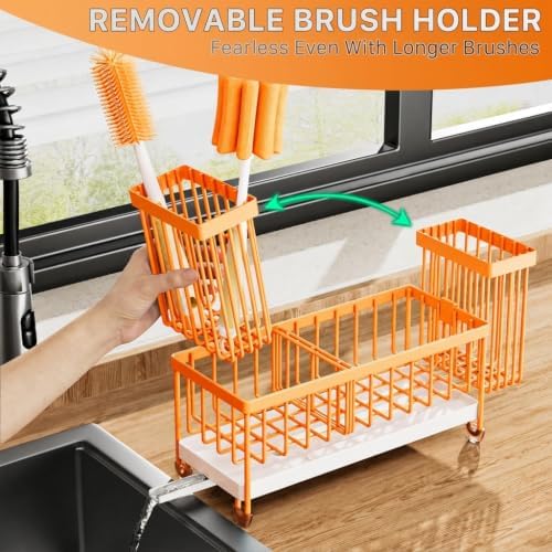 Cisily Sponge Holder for Kitchen Sink, Sink Caddy Organizer with High Brush Holder, Kitchen Countertop Organizers and Storage Essentials (Orange, 9.25″)