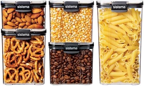 Sistema Tritan Ultra Airtight Pantry & Kitchen Storage Containers, 5-Pack, Clear Stackable Square Food Storage, BPA-Free, Dishwasher & Freezer-Safe (Microwave-Safe Without Lid)