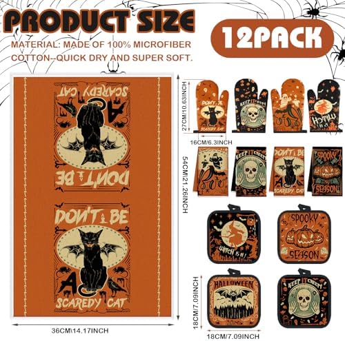 SiliFine 12 Pcs Halloween Kitchen Towels Oven Mitts Pot Holders Set