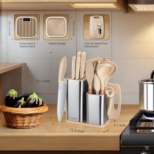 RAXCO Cooking Utensils Set,18-Piece Kitchen Utensils and Knife Set,Khiki