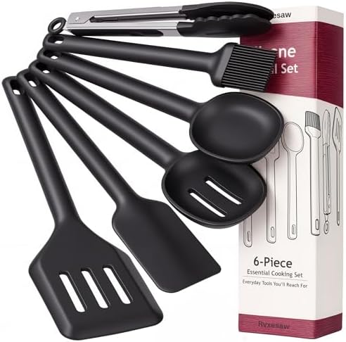Kitchen Utensils Set 6 PCS,Silicone Cooking Utensils Set,Spatula Set,446℉ Heat Resistant Cooking Utensils,Tongs,Spoon,BPA Free Kitchen Gadgets Appliances for Non-Stick Cookware,Home Essential(Black)