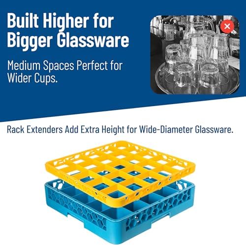 Carlisle FoodService Products OptiClean 25 Compartment Divided Glass Rack Extender for Commercial Dishwashers – Height Extender for Stemware, 3.54" x 3.54" Compartments, Yellow, (Pack of 6)