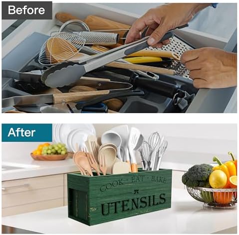 Suli Extra Large Utensil Holder Countertop for Kitchen Counter,Wood,Green