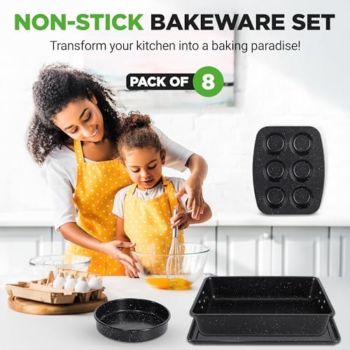 NutriChef 8-Piece Stackable Bakeware Set - Carbon Steel Non-Stick Baking Pan Set, Sheet, Muffin, Round, Loaf, Square Cake & Deep Pans, 450°F Heat Resistant, Standard & Convection Ovens (Black Marble)