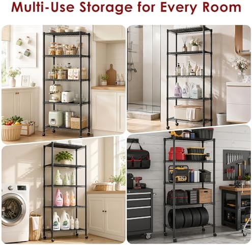 Simple Deluxe 5-Tier Heavy Duty Adjustable Shelf with Wheels, 23.23”W x 13.39”D x 59.45”H,Metal Storage Rack, Easy Tool-Free Assembly for Garage, Warehouse, Basement, Laundry, Black