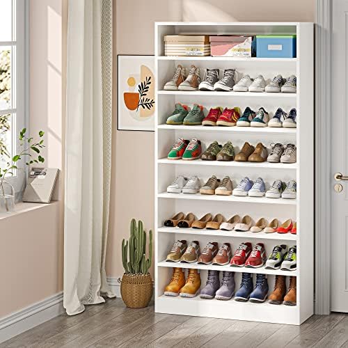 Tribesigns Shoe Cabinet, 9 Tiers 40-45 Pairs Heavy Duty Wood Freestanding Shoe Storage Cabinet, 70.8'' Tall Shoe Organizer with Open Storage for Entryway, White