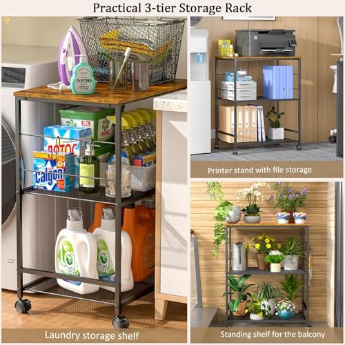 ThreeHio Rolling Kitchen Microwave Cart, 3 Tier Microwave Table Stand with Storage, Kitchen Utility Cart on Lockable Wheels, Small Coffee Cart Shelf Rack Organizer for Living Room Office, Balcony