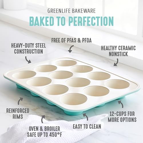 GreenLife 12-Cup Muffin Pan,PFAS-Free Healthy Nonstick Baking Tray,11.4" x 1.9" x 15.9",Durable Ceramic Bakeware,Cupcakes,Egg Bites,Tarts,Brownies,Turquoise,(Pack of 6)