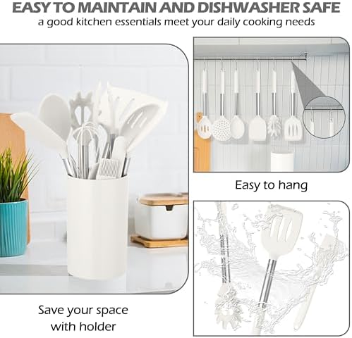 HaWare 29 PCS Silicone Cooking Utensils Set, Heat Resistant Kitchen Utensils Set with Stainless Steel Handle, Spatula Sets with Holder and Hooks, Kitchen Tools Gadgets for Nonstick Cookware -White