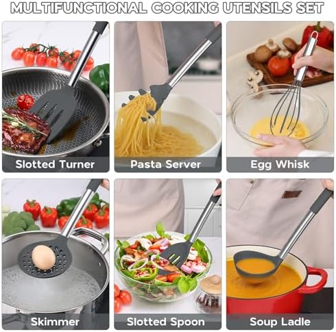 Onader Kitchen Cooking Utensils Set of 15, Silicone and Stainless Steel Utensils Spatula Set with Holder, Heat Resistant & Dishwasher Safe - Grey