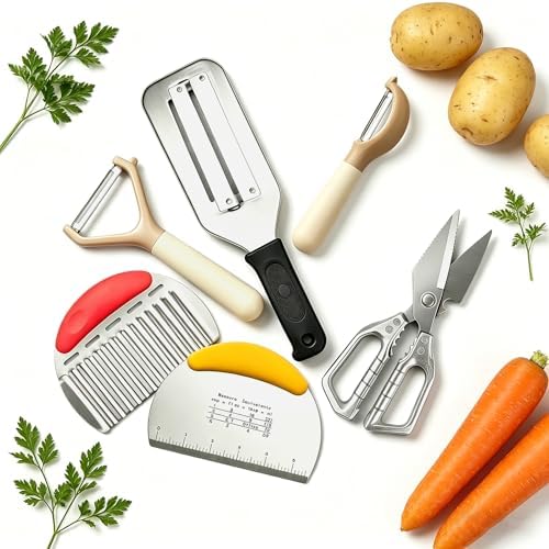 6-Piece Kitchen Utensil Set - Includes Cabbage Shredder, Crinkle Cutter, Dough Scraper, 2 Peelers, and Stainless Steel Kitchen Shears - Ideal Food Prep & Baking Tools (6 PCS-B)
