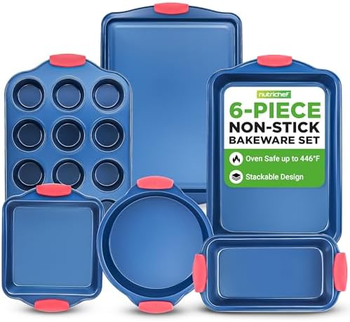 NutriChef 6-Piece Non Toxic Bakeware Set – Carbon Steel Baking Pan Includes Cookie, Muffins, Loaf, Bread, Round & Square Pans, Non-Stick, Easy Release, & Easy Clean