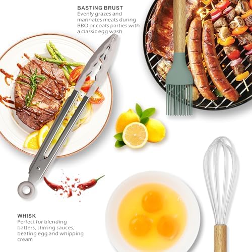 oannao Silicone Cooking Utensils Set - 446°F Heat Resistant Silicone Kitchen Utensils for Cooking,Kitchen Utensil Spatula Set w Wooden Handles, BPA FREE Gadgets for Non-Stick Cookware (Colorful)