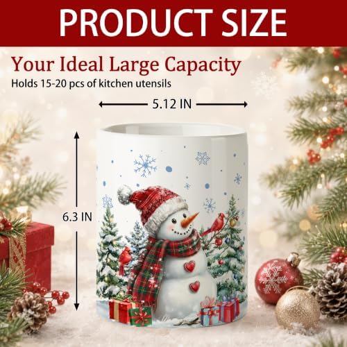 Christmas Snowman Ceramic Utensil Crock, Farmhouse Xmas Kitchen Utensil Holder, Christmas Decor Caddy for Spatulas & Baking Gadgets Storage Organizer, Winter Snowman with Cardinal Birds