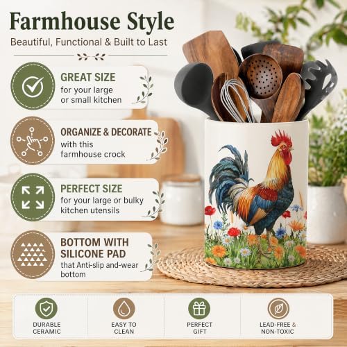 Rooster Ceramic Utensil Crock, Farm Rooster Kitchen Utensil Holder, Farmhouse Countertop Storage Organizer, Country Kitchen Decor Caddy for Spatulas & Baking Gadgets