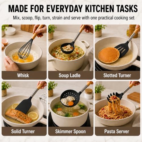 Silicone Kitchen Utensils Set, 9 Pcs Full-Size Non-Toxic Cooking Utensils with Wooden Handles & Stainless Steel Core, Heat Resistant Food Grade Kitchen Gadgets for Nonstick Cookware
