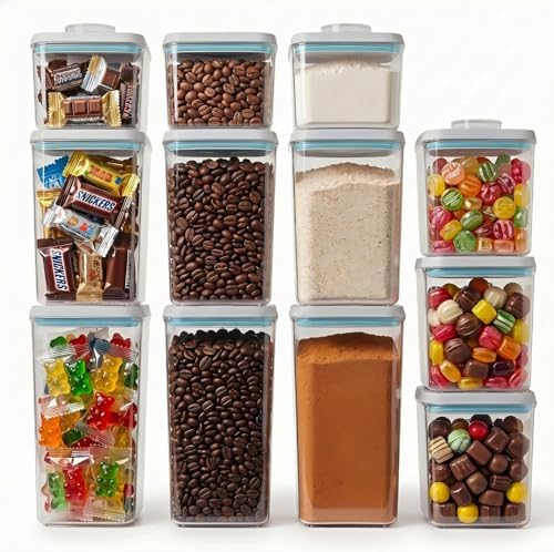 12 Pcs Pop Airtight Food Storage Containers with Lids Stackable Containers for Kitchen Pantry Organization Ideal for Cereal Snacks Flour Sugar Coffee and Spaghetti, 3.4Qt, 2.8Qt, 2.1Qt, 1.2Qt