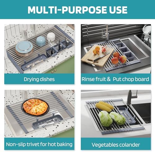 BBXTYLY Expandable Roll Up Dish Drying Rack Up to 22.8''with 2 Storage Baskets,Over The Sink Kitchen Rolling up Dish Drainer Drying Rack, Foldable,Rollable,for Kitchen Dishes(Expandable Width Size)