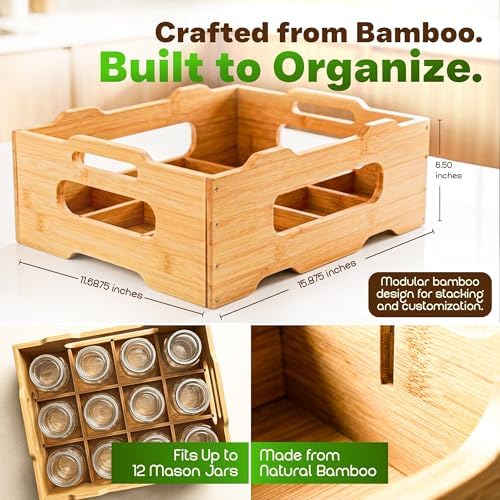 Mason Jar Organizer - Stackable Storage Holder Rack Caddy for 16oz Jars, Holds 12 Jars with Dividers, Kitchen Pantry Spice Canning Essentials for Countertop Shelves