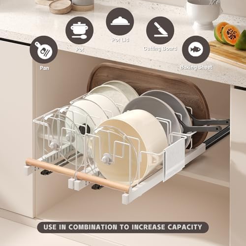 Magheo Pull Out Pots and Pans Organizer Under Cabinet, 22" Deep Expandable Pot Lid Organizer and Storage with 10 Adjustable Dividers Adhesive Pot and Pan Holder Rack with Handle Bracket(1 Pack,White)
