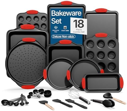 BAKKEN Kitchen Baking Pan Set - Nonstick Coating, Carbon Steel Bakeware Sets with Red Silicone Handles, Baking Kitchen Essentials, PFOA, PFOS, PTFE Free, Oven Safe Tray (Up To 450° F), Set of 18
